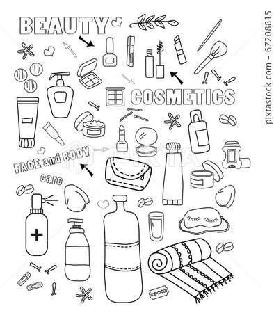 Beautiful cosmetics travel doodle set, great design for any purposes. Beautiful abstract template with colorful cosmetics travel doodle set on pink background for decorative design. Travel concept Beautiful cosmetics travel doodle set, great design for any purposes. Beautiful abstract template with colorful cosmetics travel doodle set on pink background for decorative design. Travel concept 67208815