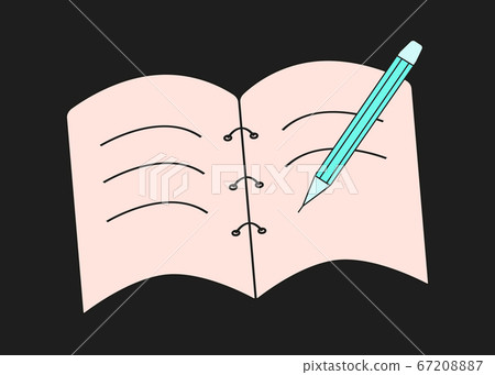 Spread of a notebook with abstract inscriptions. The pen writes on the paper. Vector illustration. Concept education office. Spread of a notebook with abstract inscriptions. The pen writes on the paper. Vector illustration. Concept education office. 67208887