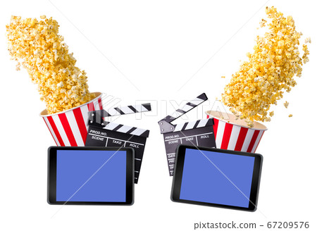 Flying popcorn, film clapper board and phone isolated on white background 67209576