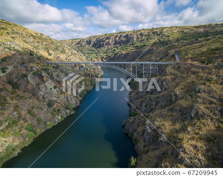 Aerial view of Requejo iron Bridge, Castile and Leon, Spain 67209945