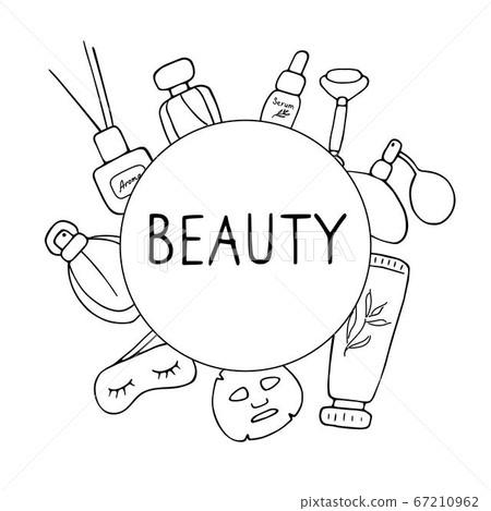 Beauty salon. Skin care elements, cosmetics products, beauty tools. Vector hand drawn illustration 67210962