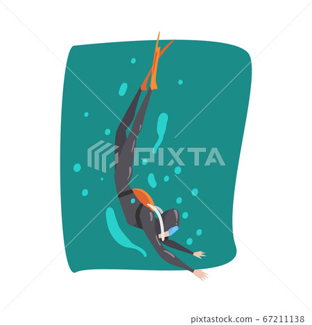 Male Diver in Wetsuit, Snorkel, Mask, Flippers and Breathing Equipment Diving in the Sea, Extreme Water Sport Cartoon Style Vector Illustration Male Diver in Wetsuit, Snorkel, Mask, Flippers and Breathing Equipment Diving in the Sea, Extreme Water Sport Cartoon Style Vector Illustration 67211138