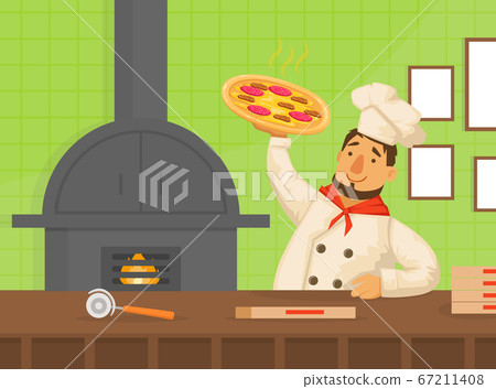 Chef Holding Freshly Prepared Pizza, Pizza Maker Coolking Pizza in the Furnace Flat Vector Illustration Chef Holding Freshly Prepared Pizza, Pizza Maker Coolking Pizza in the Furnace Flat Vector Illustration 67211408