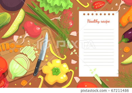 Fresh Vegetables Healthy Recipe Cookbook Background, Cooking Ingredients on Kitchen Table Vector Illustration 67211486