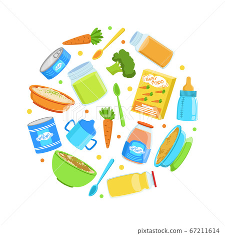 Organic Baby Food Banner Template, Healthy First Meal for Toddlers of Round Shape Vector Illustration 67211614