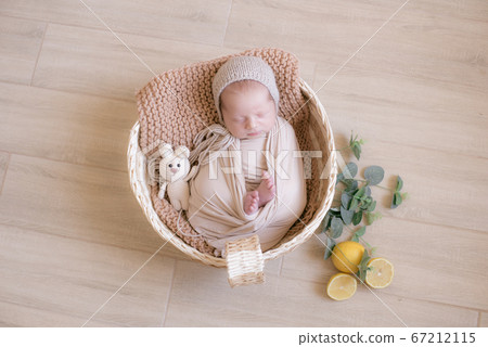Cute little baby in a knitted hat with a toy bunny lies in a wicker basket decorated with greens and lemons in a beige knitted blanket. Summer mood. Happy healthy childhood 67212115