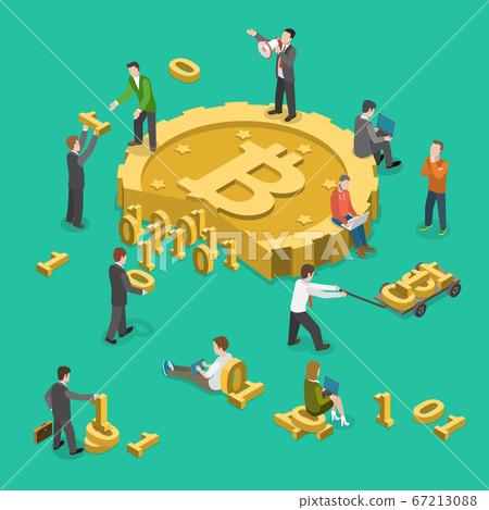 Bitcoin mining flat isometric low poly vector... - Stock Illustration ...