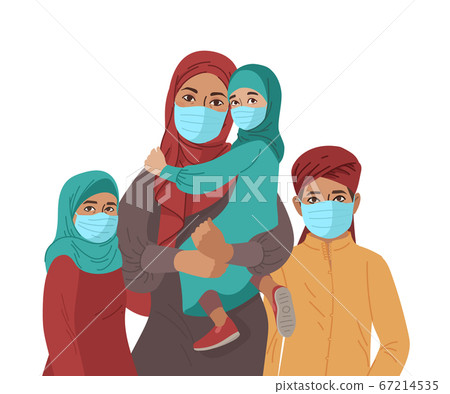 Mother Father daughter and son wear medical masks. Virus and disease prevention. Middle Eastern Arab Muslim Persons. Vector Family illustration Mother Father daughter and son wear medical masks. Virus and disease prevention. Middle Eastern Arab Muslim Persons. Vector Family illustration 67214535