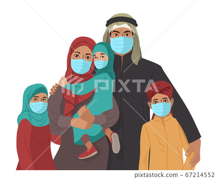 Mother Father daughter and son wear medical masks. Virus and disease prevention. Middle Eastern Arab Muslim Persons. Vector Family illustration Mother Father daughter and son wear medical masks. Virus and disease prevention. Middle Eastern Arab Muslim Persons. Vector Family illustration 67214552