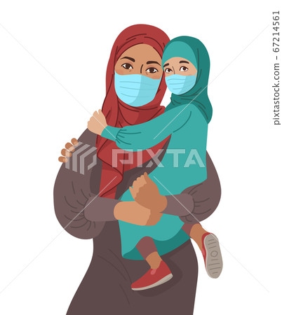 Mother Father daughter and son wear medical masks. Virus and disease prevention. Middle Eastern Arab Muslim Persons. Vector Family illustration Mother Father daughter and son wear medical masks. Virus and disease prevention. Middle Eastern Arab Muslim Persons. Vector Family illustration 67214561
