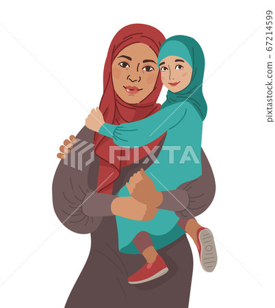 Family portrait. Middle Eastern Muslim People. Arab mother and little daughter. National Clothes. Vector Flat Illustration Simple Shapes Family portrait. Middle Eastern Muslim People. Arab mother and little daughter. National Clothes. Vector Flat Illustration Simple Shapes 67214599
