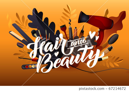 Hair Style. Colorful hairdresser decorative illustration with beauty haircut accessories and equipment with big white letters. Realistic Poster. Vector Illustration black and Gold Colors 67214672