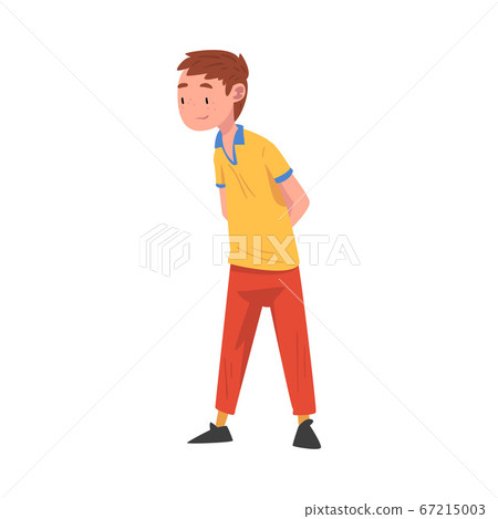 Cute Boy Standing in Thoughtful Pose with Hands Folded Behind his Back Cartoon Vector Illustration Cute Boy Standing in Thoughtful Pose with Hands Folded Behind his Back Cartoon Vector Illustration 67215003