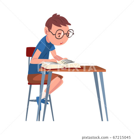 Cute Schoolboy Sitting at Desk and Reading Book, Boy Studying at Home Cartoon Vector Illustration Cute Schoolboy Sitting at Desk and Reading Book, Boy Studying at Home Cartoon Vector Illustration 67215045