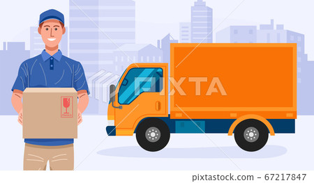Delivery service. Delivery man holding a parcel with his truck. Vector Delivery service. Delivery man holding a parcel with his truck. Vector 67217847