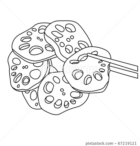 Vector stock illustration of a Lotus root. In a simple Doodle style. The Food Of Asia. Menu. Isolated on a white background. Monochrome. Coloring book. Vector stock illustration of a Lotus root. In a simple Doodle style. The Food Of Asia. Menu. Isolated on a white background. Monochrome. Coloring book. 67219121