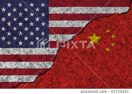 Cracked painted concrete walls between USA flag 67219281