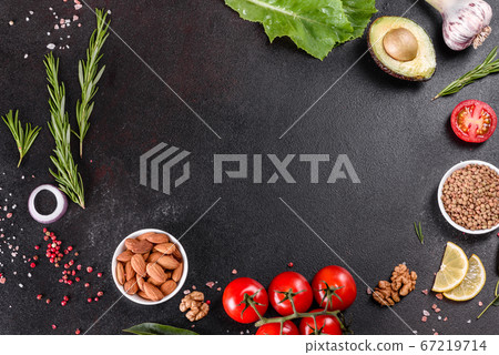 Composition of spices and herbs on a dark concrete Composition of spices and herbs on a dark concrete 67219714