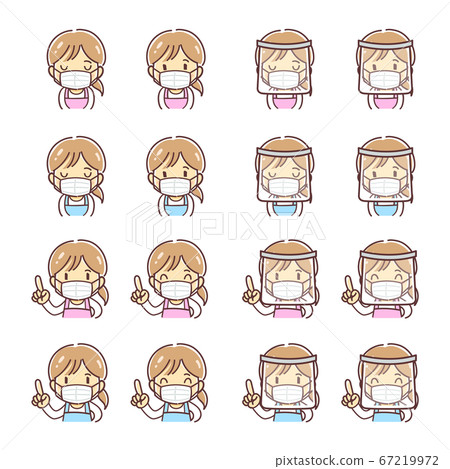 Illustration of a woman wearing an apron with a mask and face shield (pointing and bowing) 67219972