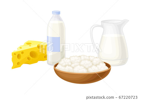 Curd in Bowl, Milk Bottle and Cheese Slab as Dairy Product Vector Illustration Curd in Bowl, Milk Bottle and Cheese Slab as Dairy Product Vector Illustration 67220723