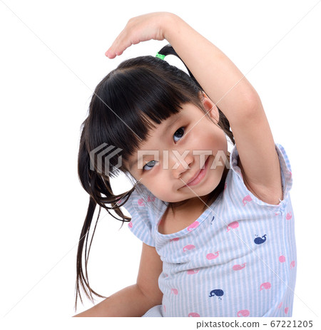 Little girl hold her hand above a head Little girl hold her hand above a head 67221205
