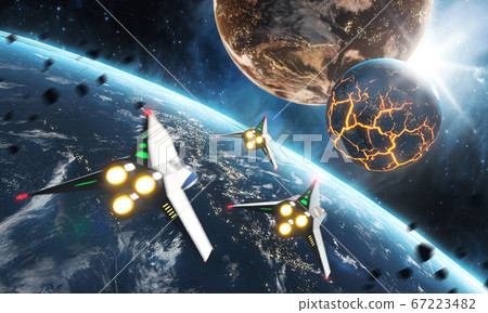 Three space ships flying to the collapsing planet. Sci-Fi concept. 3d rendering. Elements of this image furnished by NASA Three space ships flying to the collapsing planet. Sci-Fi concept. 3d rendering. Elements of this image furnished by NASA 67223482