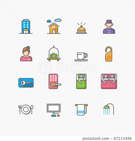 Hotel and Homestay icons set, flat line design vector Hotel and Homestay icons set, flat line design vector 67223486
