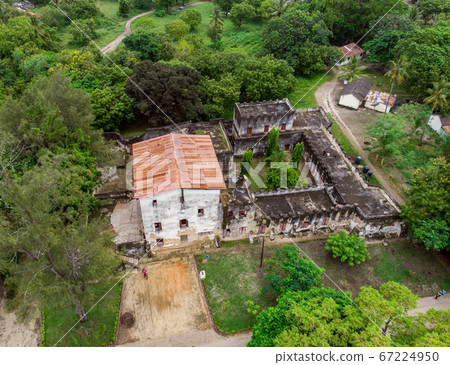 Aerial Shot of Old Deutsch German Colonial Fort in Bagamoyo Historical city part near the Dar Es Salaam on the Indian Ocean Coast 67224950