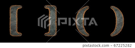 Set of symbols left, right bracket and left, right perentheses made of leather. 3D render font with skin texture isolated on black background. Set of symbols left, right bracket and left, right perentheses made of leather. 3D render font with skin texture isolated on black background. 67225282