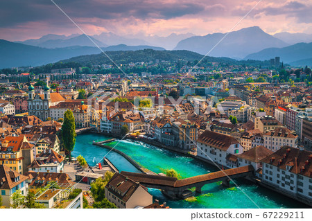 Wonderful Lucerne cityscape with Reuss river and Chapel bridge, Switzerland Wonderful Lucerne cityscape with Reuss river and Chapel bridge, Switzerland 67229211