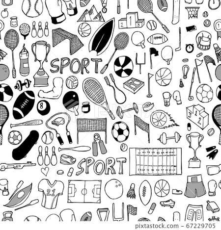 Sport doodle background seamless pattern. Drawing - Stock Illustration ...