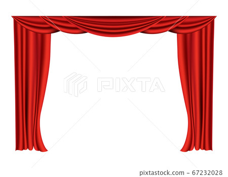 Red curtains realistic. Theater fabric silk decoration for movie cinema or opera hall. Curtains and draperies interior decoration object. Isolated on white for theater stage Red curtains realistic. Theater fabric silk decoration for movie cinema or opera hall. Curtains and draperies interior decoration object. Isolated on white for theater stage 67232028