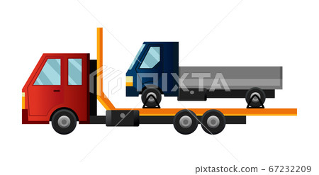 Tow truck. Cool flat towing truck with broken car. Truck repair service assistance vehicle with damaged or salvaged car 67232209