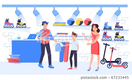 Mother buy sportswear for child son at sport shop Mother buy sportswear for child son at sport shop 67233445