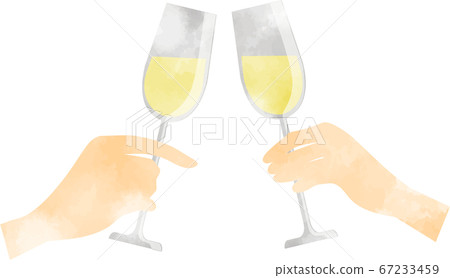 Hands toasting with white wine Transparent watercolor style illustration 67233459