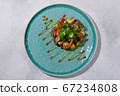 Salad with beef and grilled vegetables. Marble shovel prepared in its own juice, zucchini, fried 67234808