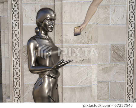 Statue and smartphone. A female bronze statue is offered to smartphone. 3d art, 3d illustration. 67237543