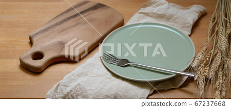 Dinning table with mock-up wooden tray, ceramic Dinning table with mock-up wooden tray, ceramic 67237668