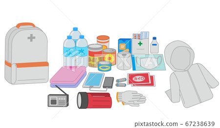 Illustration of the contents of the evacuation backpack flood damage 67238639