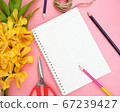Top view or flat lay of open notebook paper,yellow orchid flowers, color pencil, scissors and nature rope on pink background. 67239427