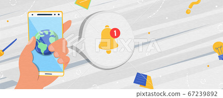 Hand holding phone with world app notification Hand holding phone with world app notification 67239892
