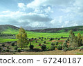 Landscape view of green field against mountain and sky 67240187