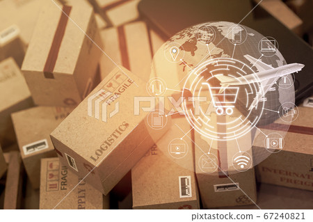 grouping Light brown small boxes and cell phone with a plane flies above world map. For ideas about transportation, international freight, global shipping, overseas trade, regional ,local forwarding. grouping Light brown small boxes and cell phone with a plane flies above world map. For ideas about transportation, international freight, global shipping, overseas trade, regional ,local forwarding. 67240821
