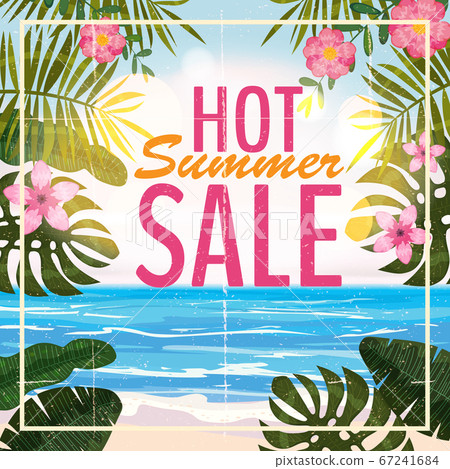 Advertisement about the summer sale on background with beautiful tropical sea beach view, flowers, leaves. Vector illustration. 67241684