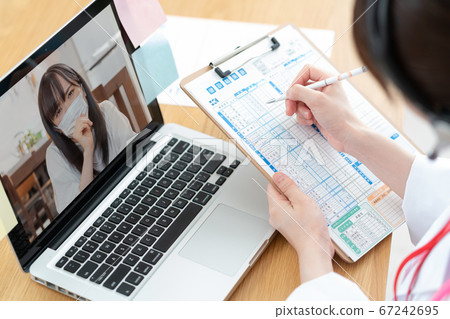 Screens of young female doctors and patients doing online medical care Screens of young female doctors and patients doing online medical care 67242695