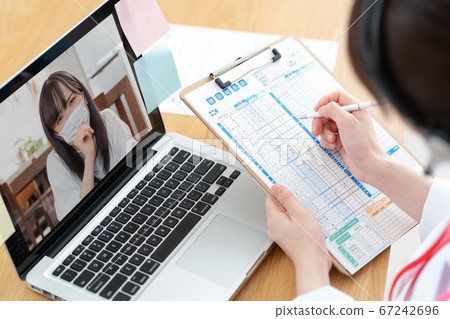 Screens of young female doctors and patients doing online medical care 67242696