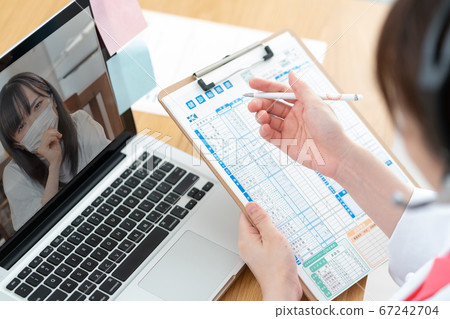 Screens of young female doctors and patients doing online medical care 67242704