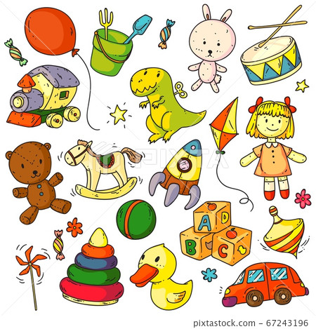 Toys doodles. Funny children toys object sketches 67243196