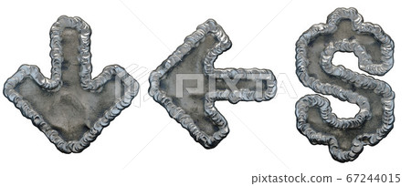 Set of symbols arrow to down, left arrow, dollar made of industrial metal on white background 3d Set of symbols arrow to down, left arrow, dollar made of industrial metal on white background 3d 67244015