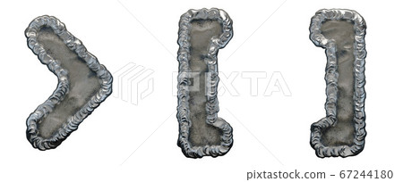 Set of symbols right angle bracket, left and right square bracket made of industrial metal on white background 3d 67244180